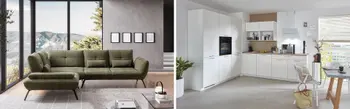 Zweiteiliges Bild: links ein modernes Wohnzimmer mit grünem Ecksofa vor bodentiefen Fenstern mit Bergpanorama; rechts eine helle, grifflose Einbauküche in L-Form mit weißen Fronten, Holzdetails und einem angrenzenden Essplatz mit Ausblick auf die Stadt.